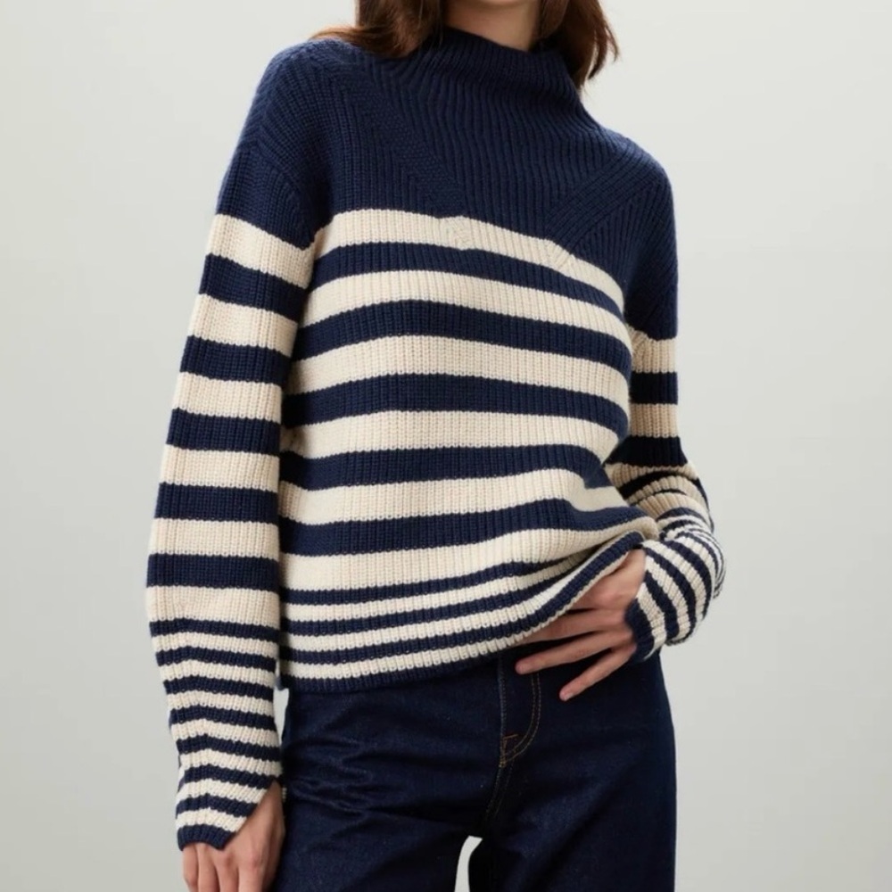 Derek Lam Navy and Cream Striped Cowl Turtleneck Sweater | Size S